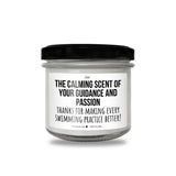 a white jar with a black lid that says the calming sex of your guidance and