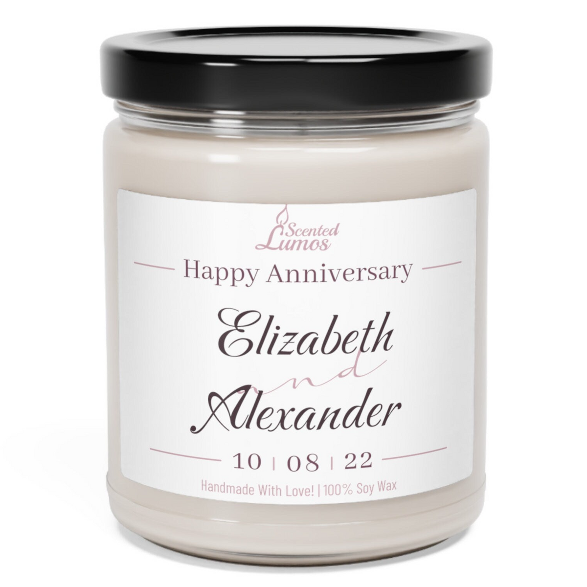 a jar of happy anniversary candle with a black lid