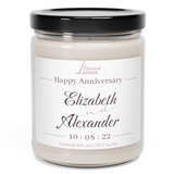 a jar of happy anniversary candle with a black lid