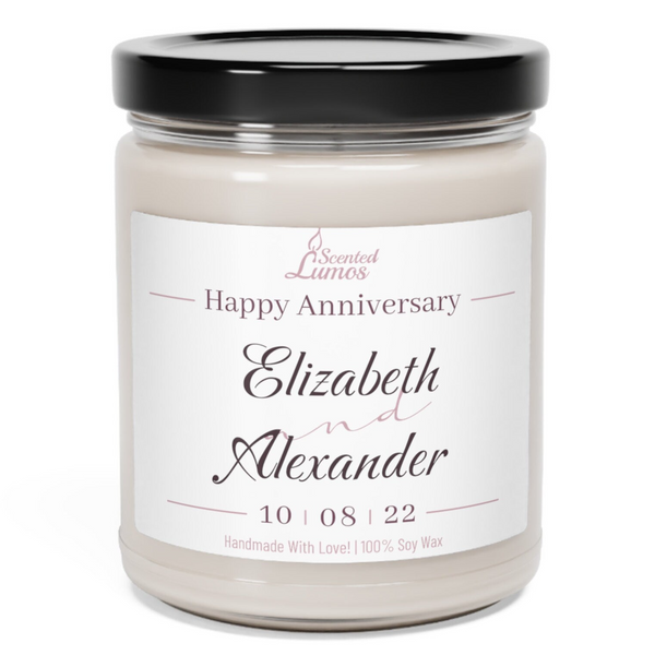 a jar of happy anniversary candle with a black lid