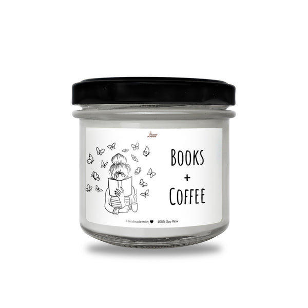 a jar of books and coffee on a white background