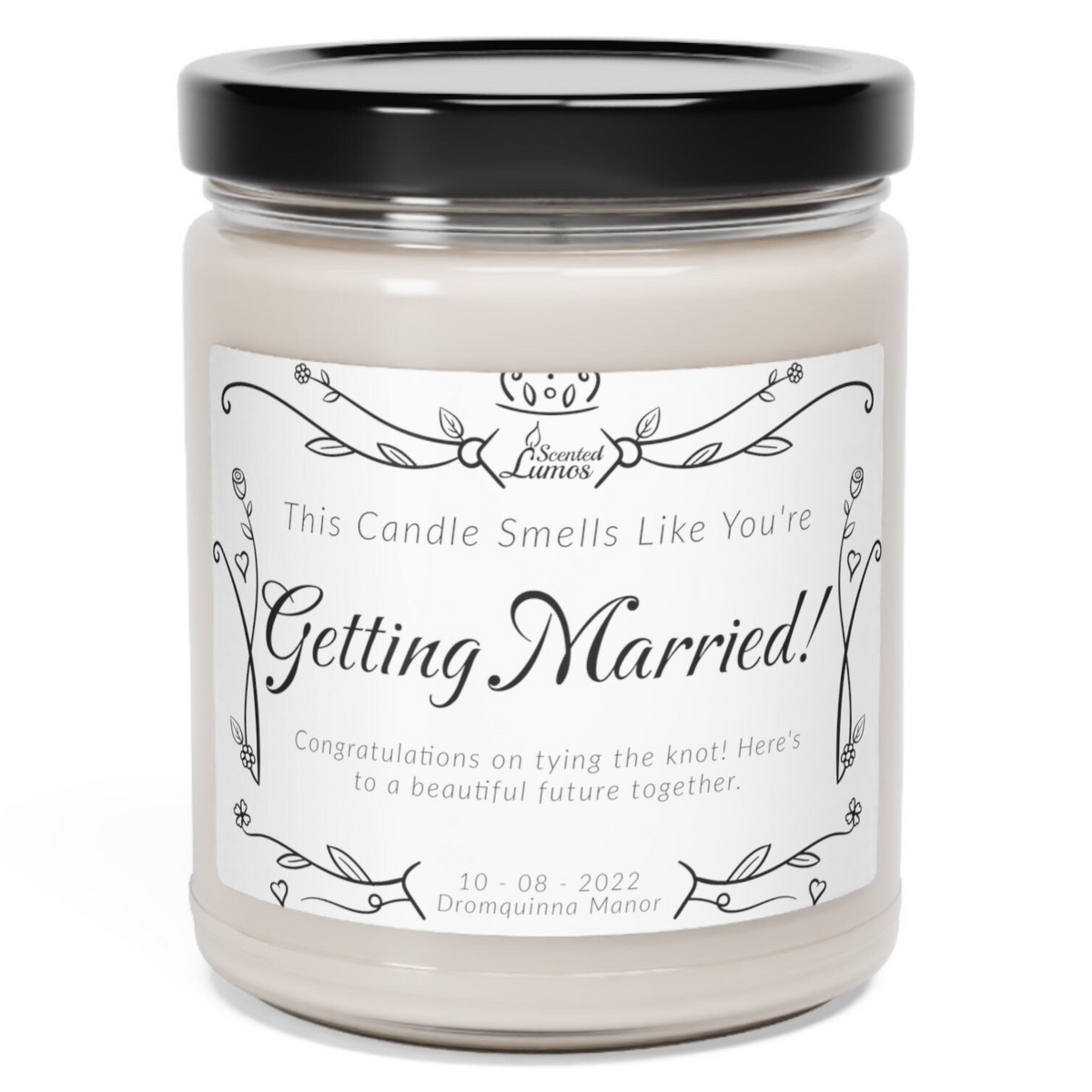 a jar of candle that says getting married