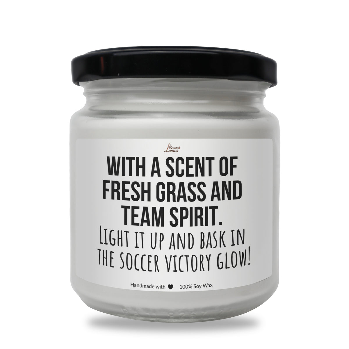 a white jar with a black lid that says, with a scent of fresh grass