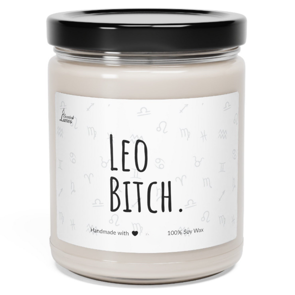 a jar of leo bitch candle with a black lid