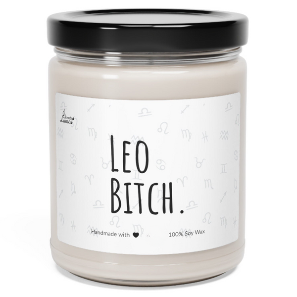 a jar of leo bitch candle with a black lid