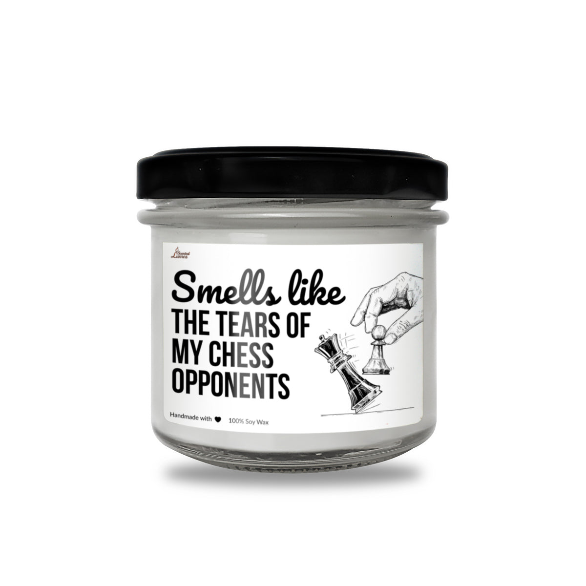 a jar of white candles with a black lid