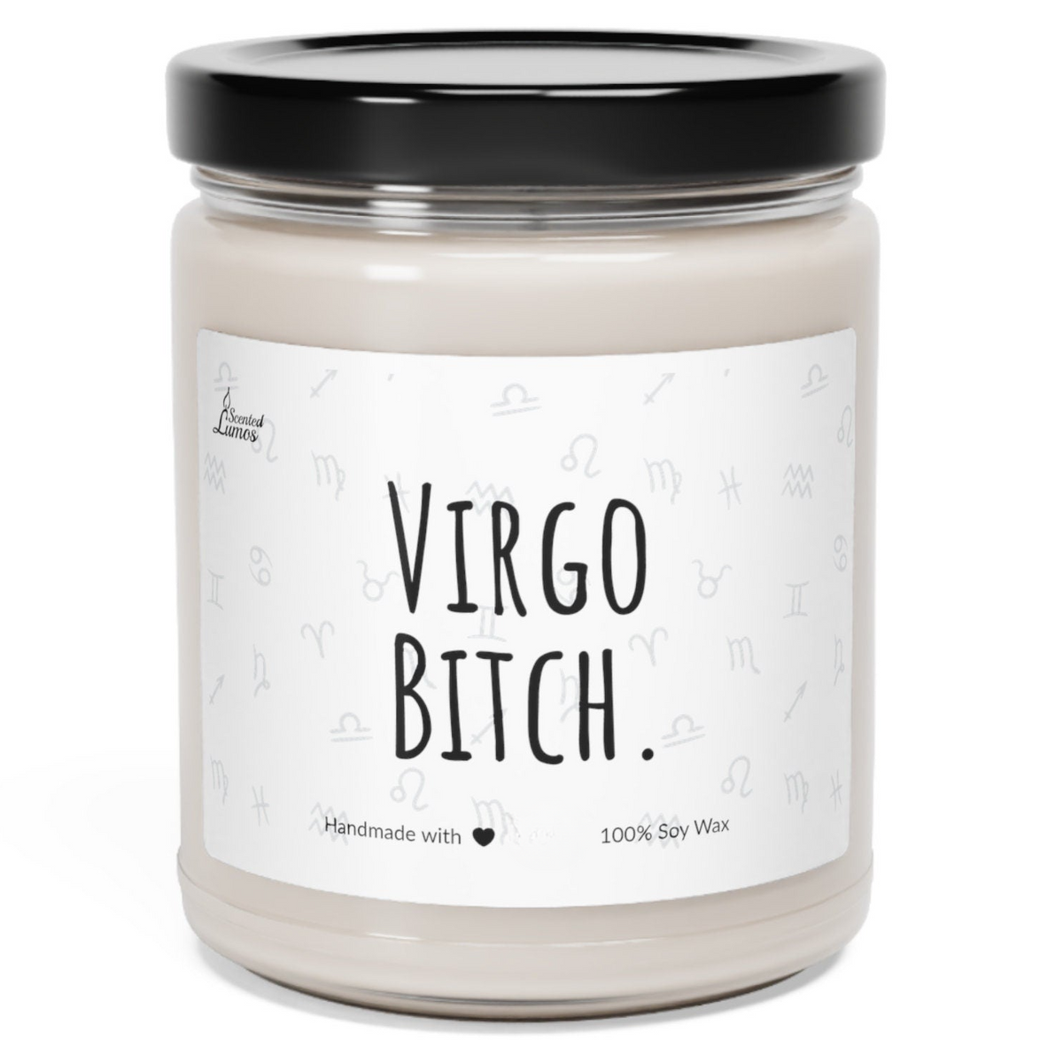 a jar of virgo bitch candle on a white background