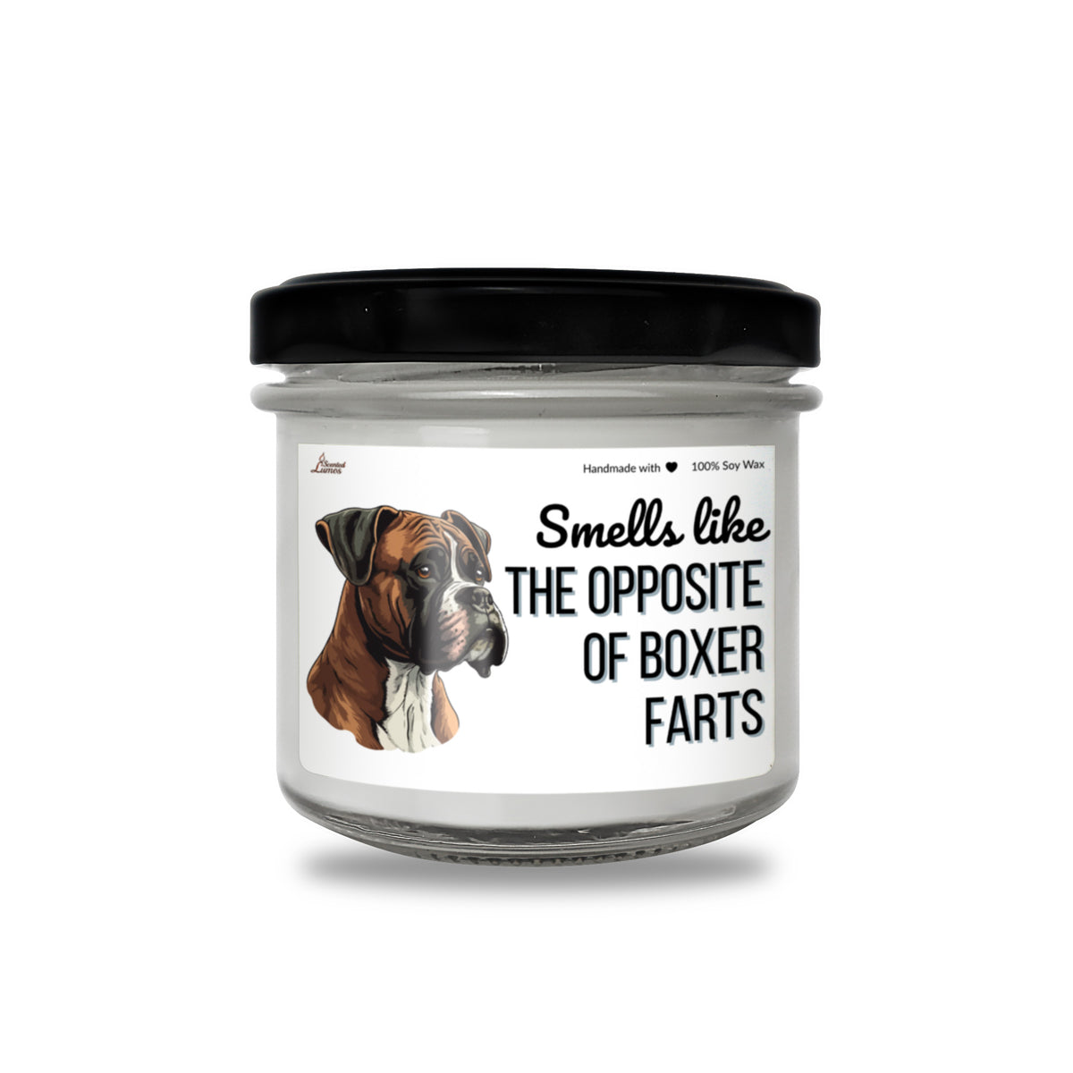 a glass jar with a picture of a boxer dog on it