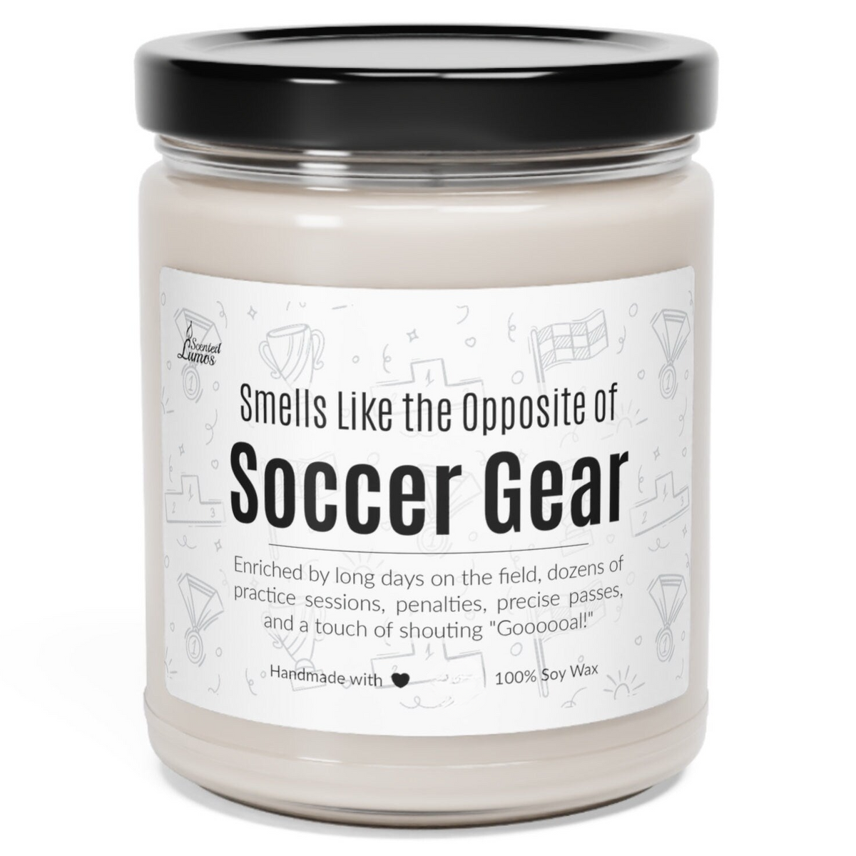 a jar of soccer gear sits on a white surface