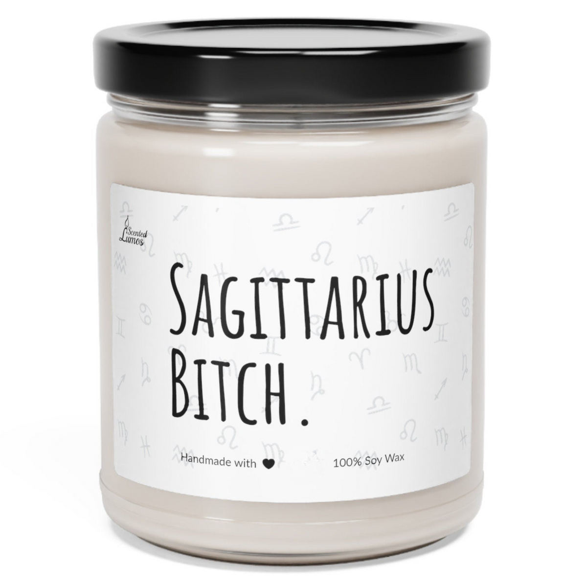 a jar of sagittatus bitch candle on a white background
