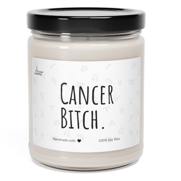 a candle with a black lid that says cancer bitch