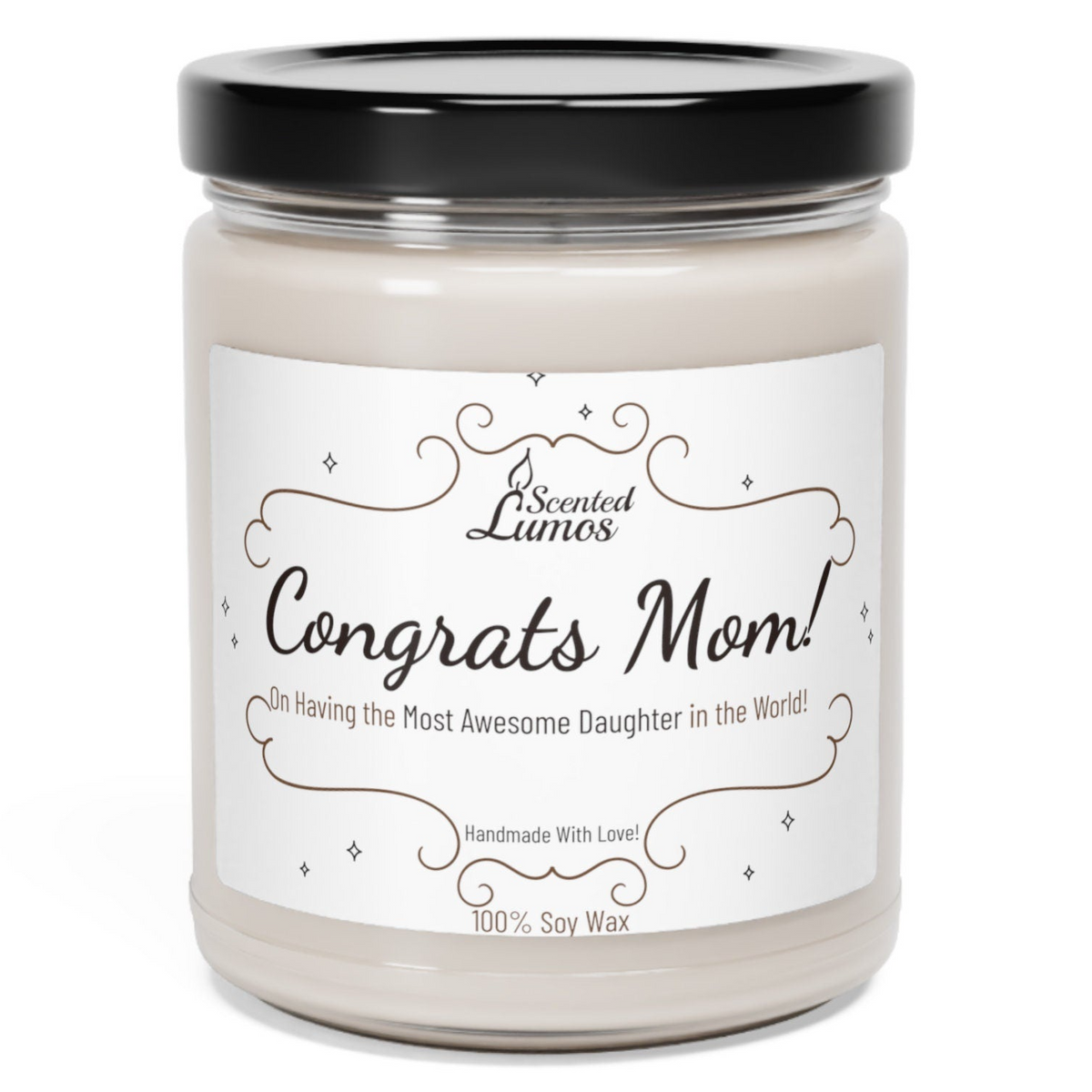a jar of congrats mom with a black lid