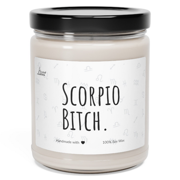 a jar of scorpio bitch candle on a white background