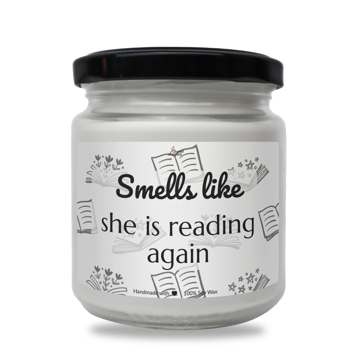 a white jar with a black lid that says smell like she is reading again