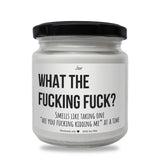 a white jar with a black lid that says, what the fucking fock?