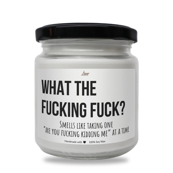 a white jar with a black lid that says, what the fucking fock?
