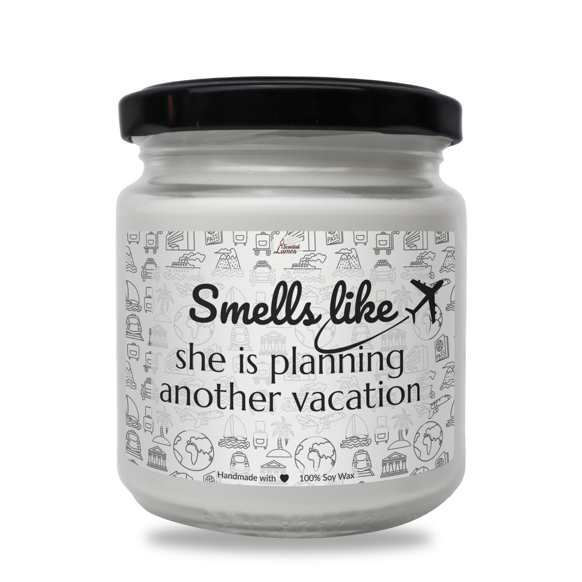 a white jar with a black lid that says smell like x she is planning another