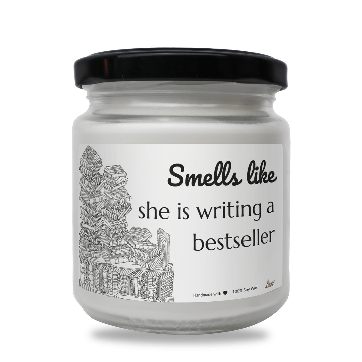 a white jar with a black lid that says smells like she is writing a best