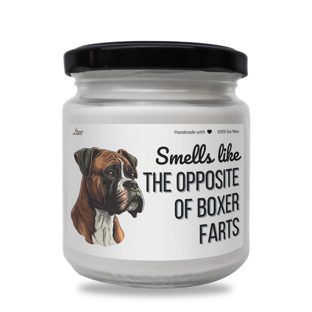 a white jar with a brown and white dog on it