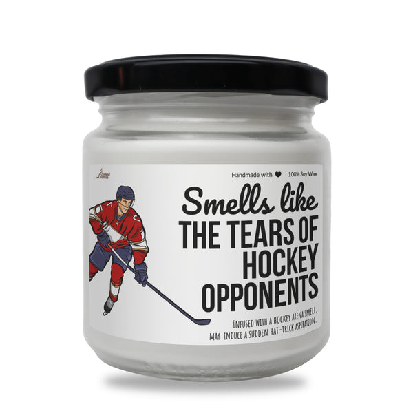 a jar of hockey snacks with the words smells like the tears of hockey opponents