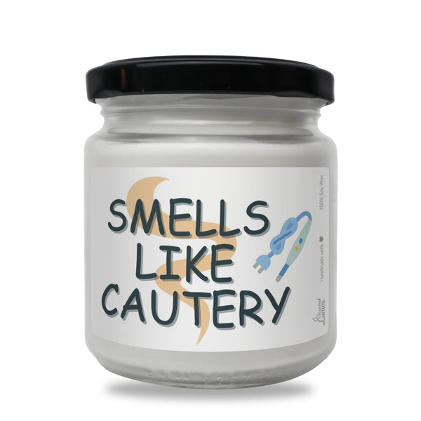 a jar of smells like cautery on a white background