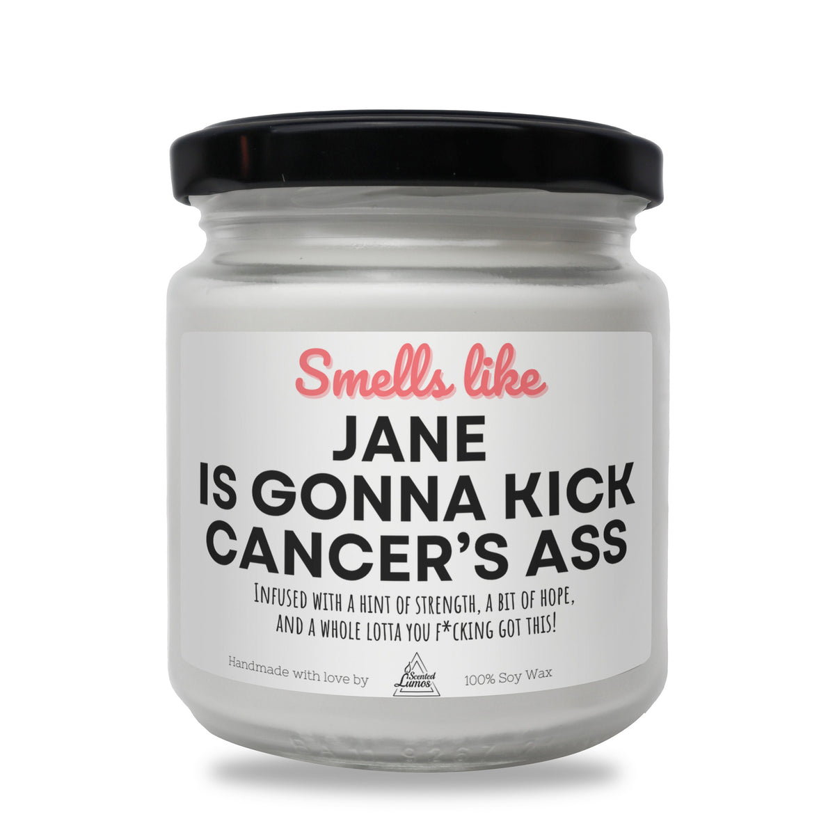 a jar of white candles with a black lid