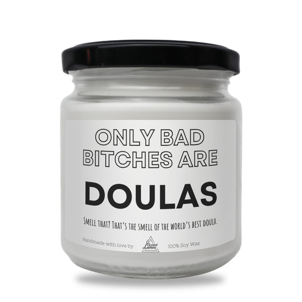 a white jar with a black lid that says, only bad bitches are douglas