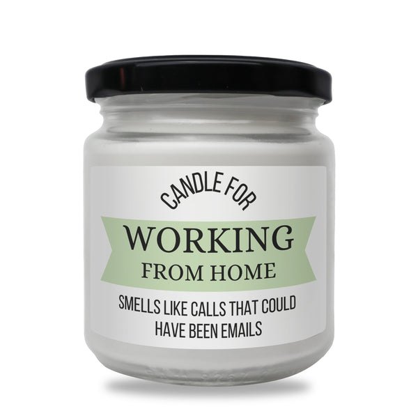 a jar of candle that says working from home