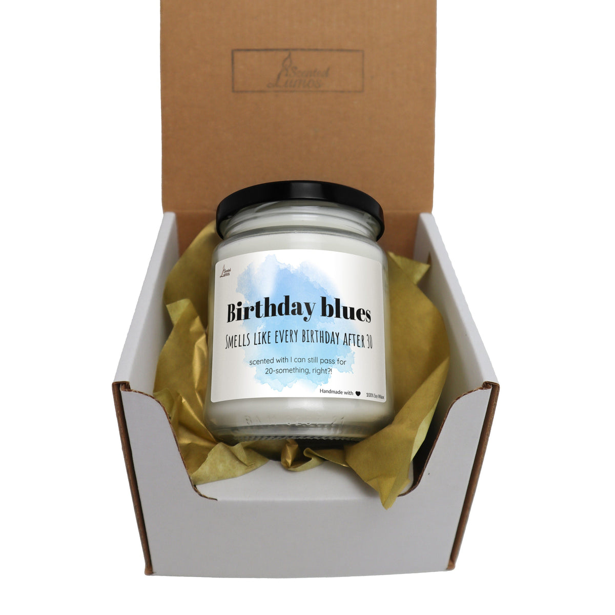 a birthday blues candle in a gift box