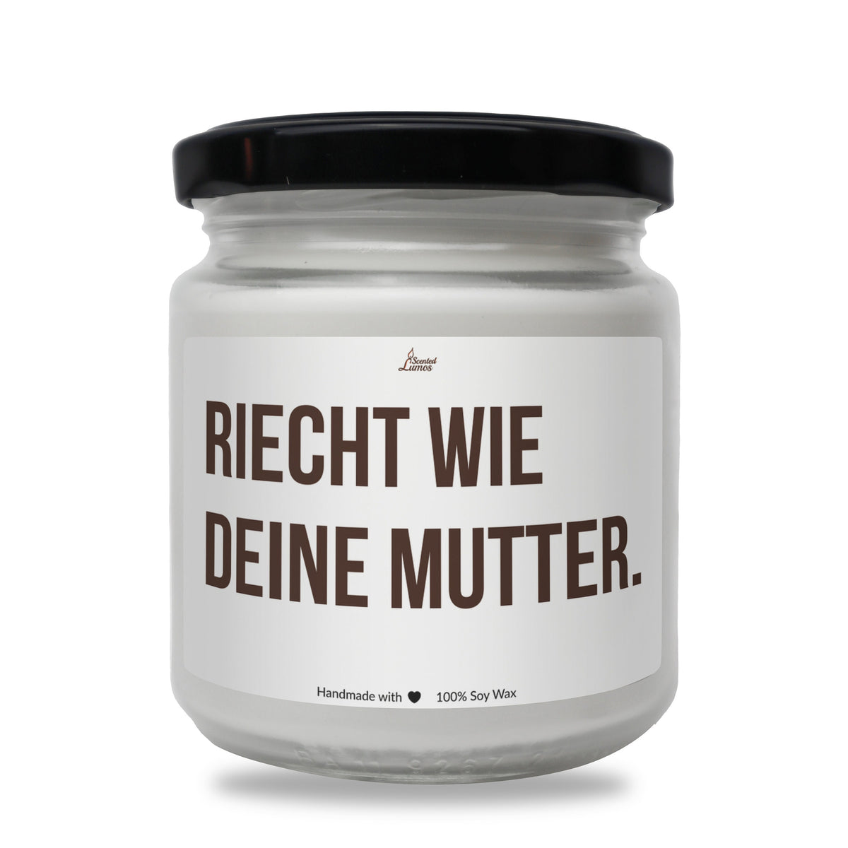 a white jar with a black lid that says reicht wie deine mu