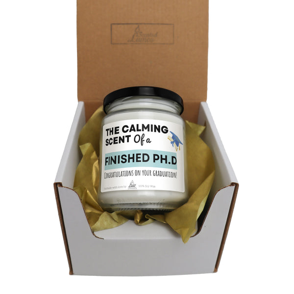 The calming scent of a finished Ph.D. Scented Soy Candle