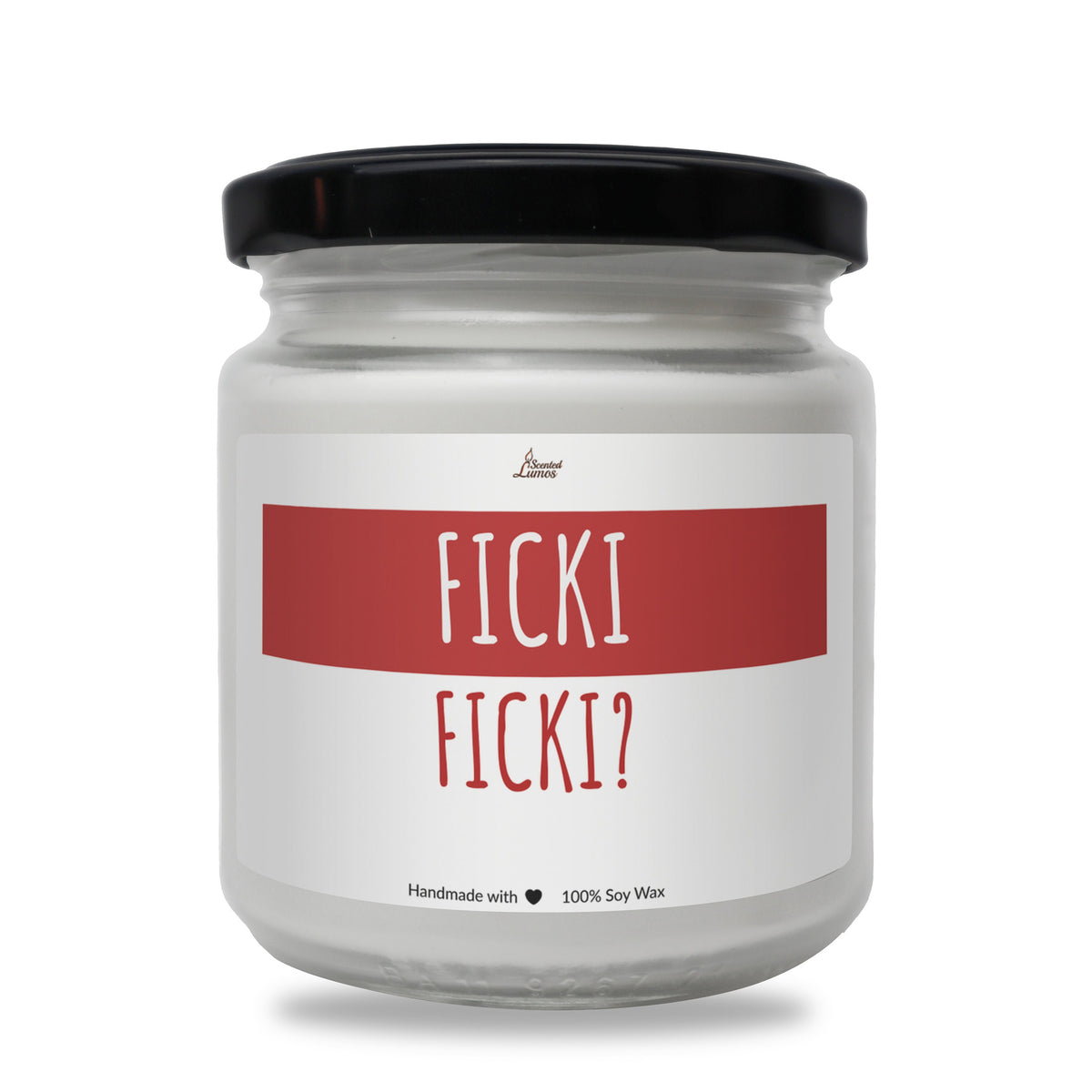 a white jar with a black lid that says fick?