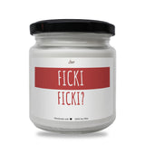 a white jar with a black lid that says fick?