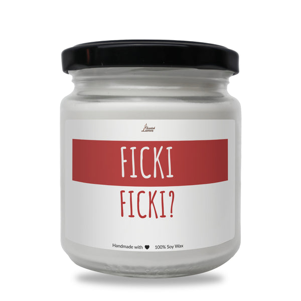 a white jar with a black lid that says fick?