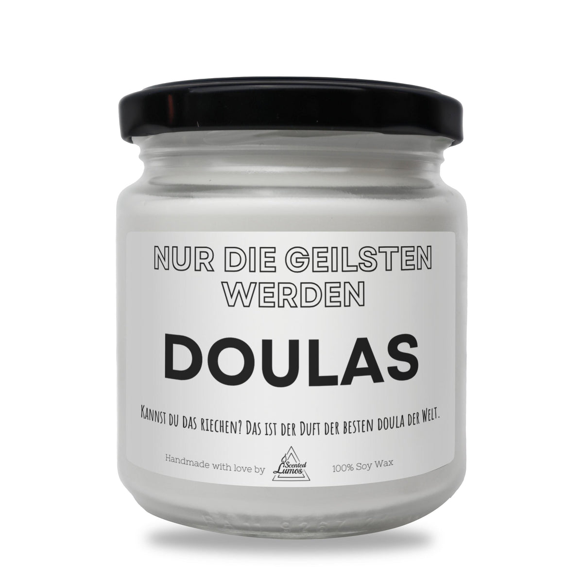 a white jar with a black lid that says doulas
