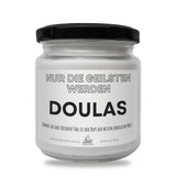a white jar with a black lid that says doulas