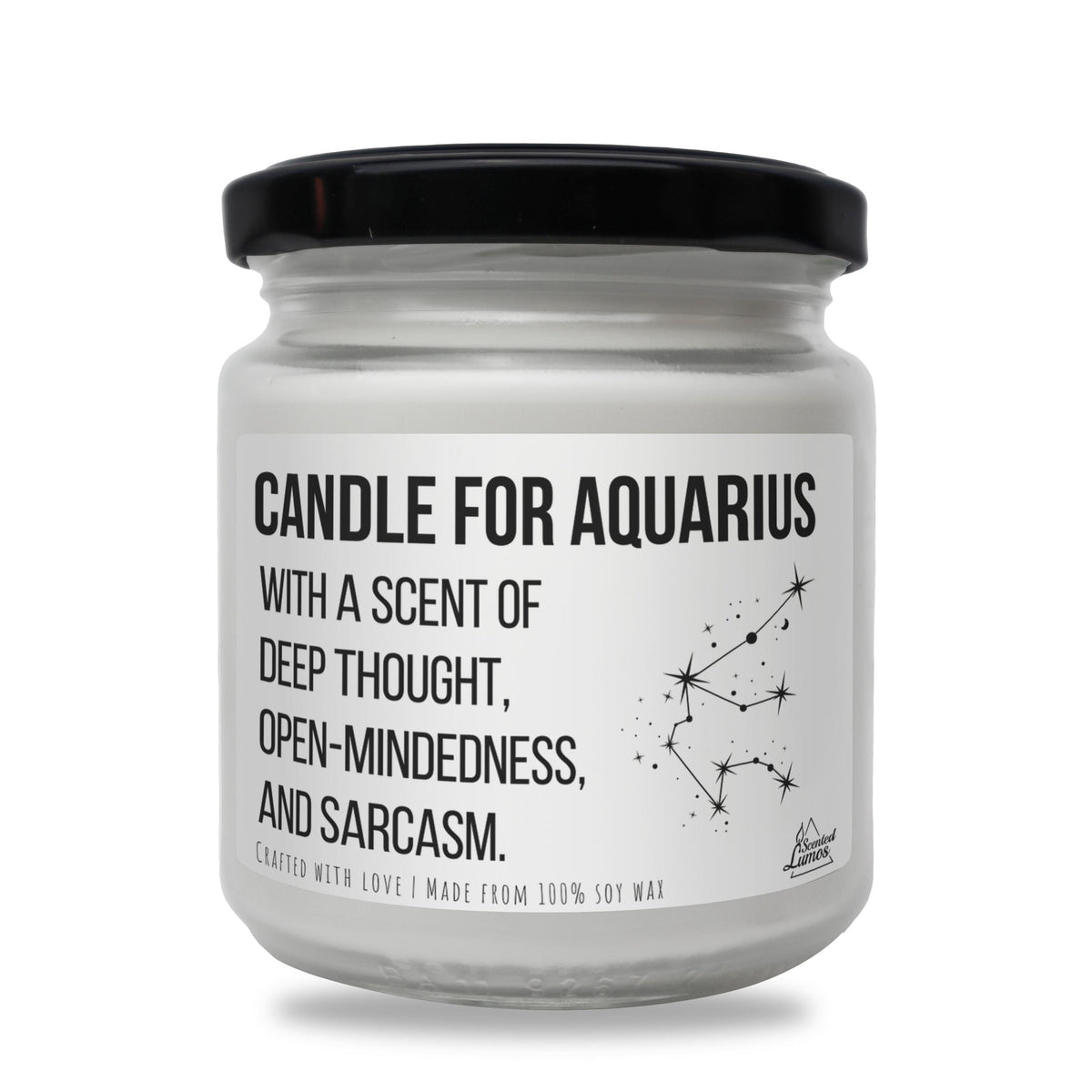 a jar of candle that says candle for aquariusus with a scent of deep