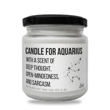 a jar of candle that says candle for aquariusus with a scent of deep