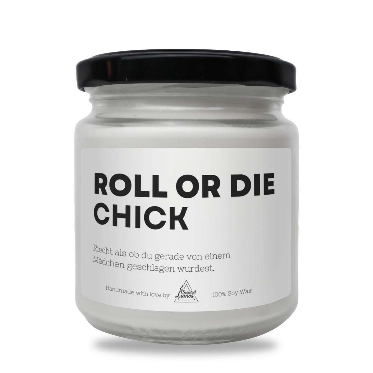 a white jar with a black lid that says roll or die chick
