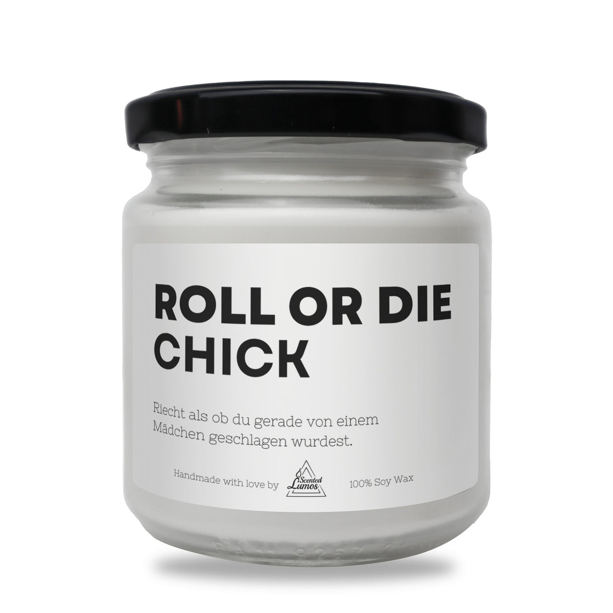 a white jar with a black lid that says roll or die chick
