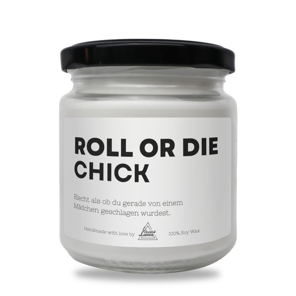a white jar with a black lid that says roll or die chick