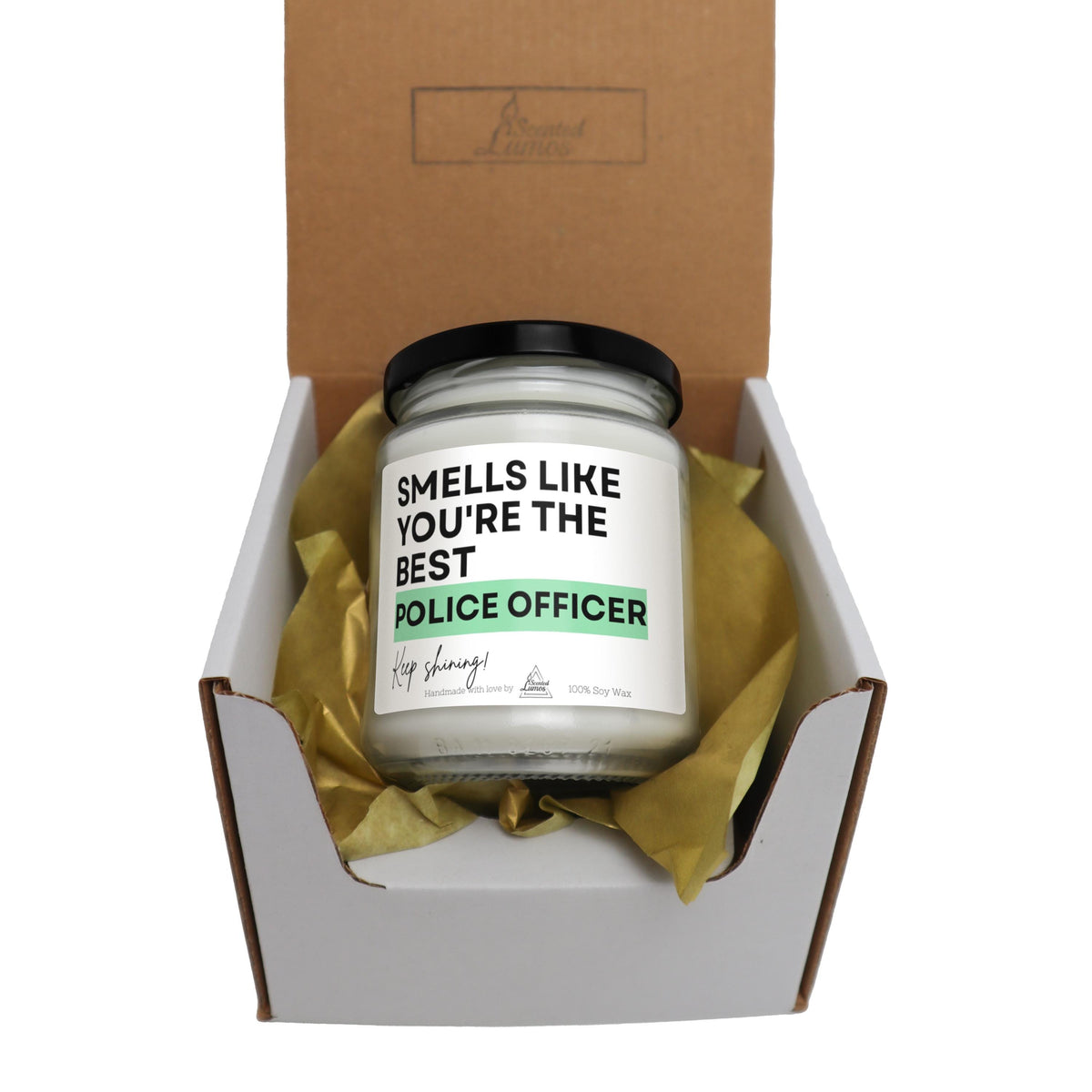 a jar of police officer candles in a box