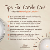 a candle and a sign on a table that says tips for candle care