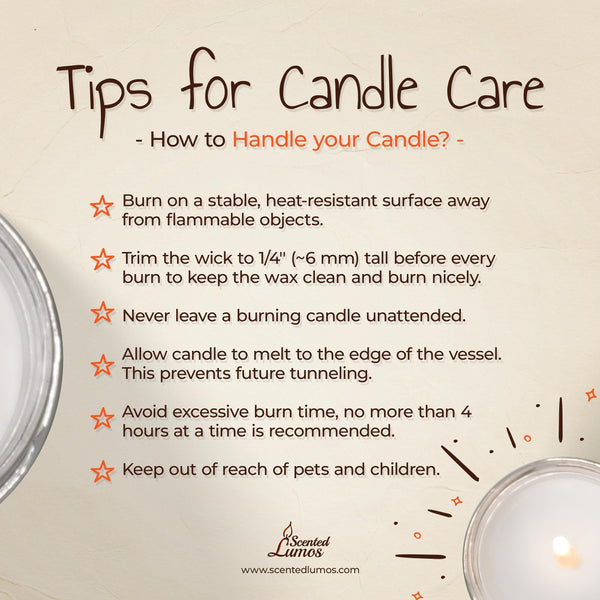 a candle and a sign on a table that says tips for candle care