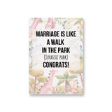 a card with a picture of a dinosaur and a text that reads marriage is like