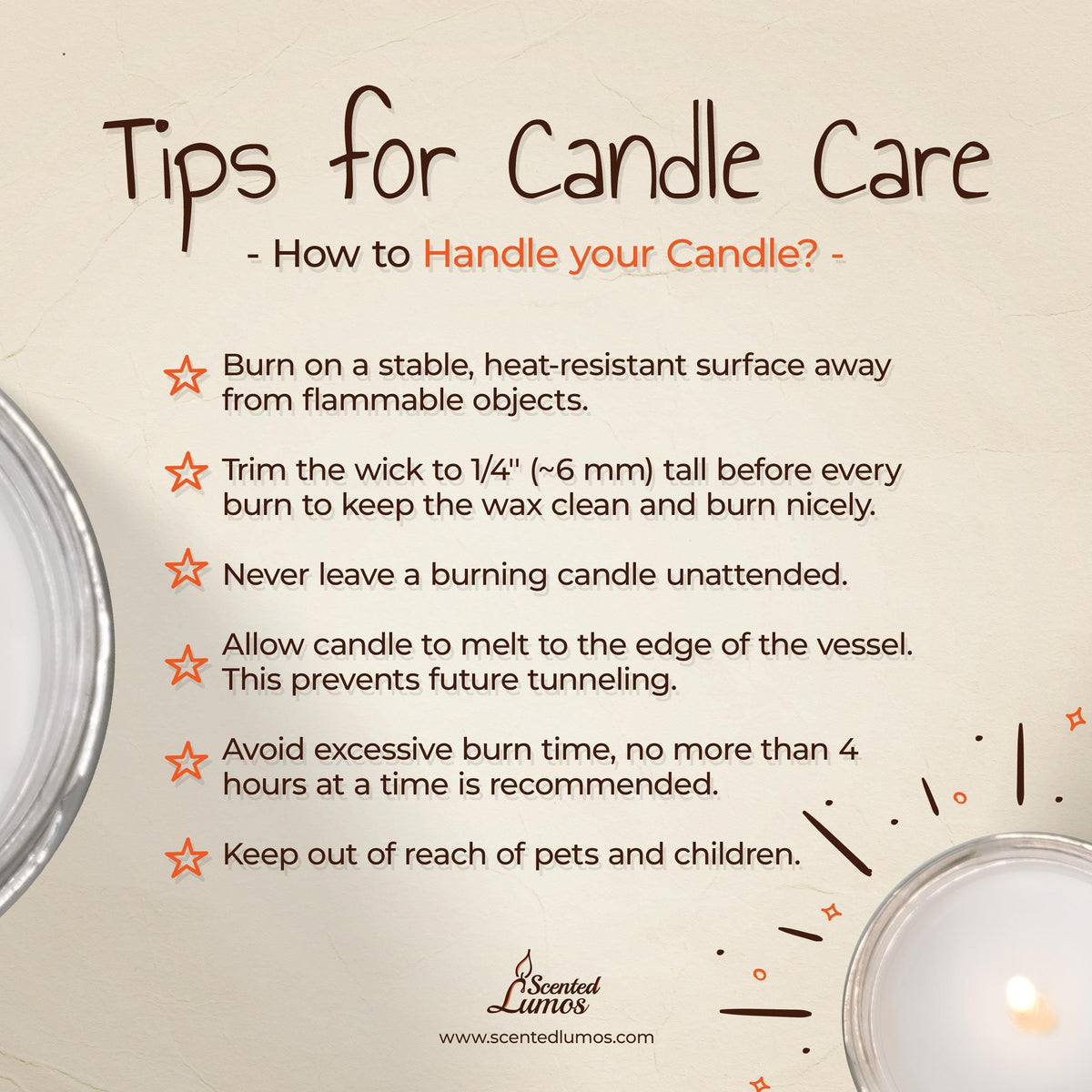 a candle and a sign on a table that says tips for candle care