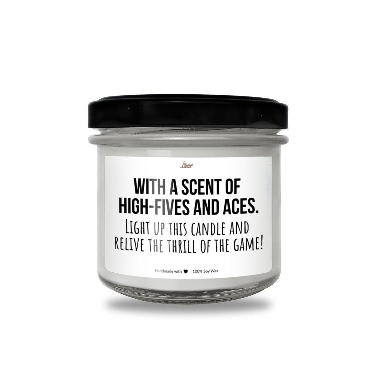 a white candle with a black lid that says, with a scent of high -