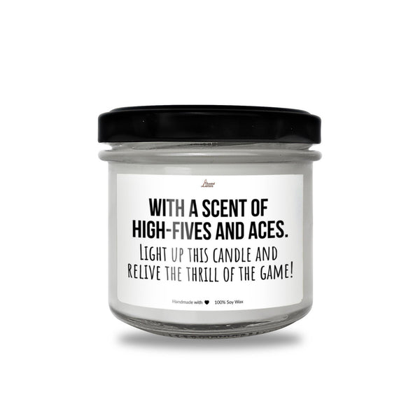 a white candle with a black lid that says, with a scent of high -