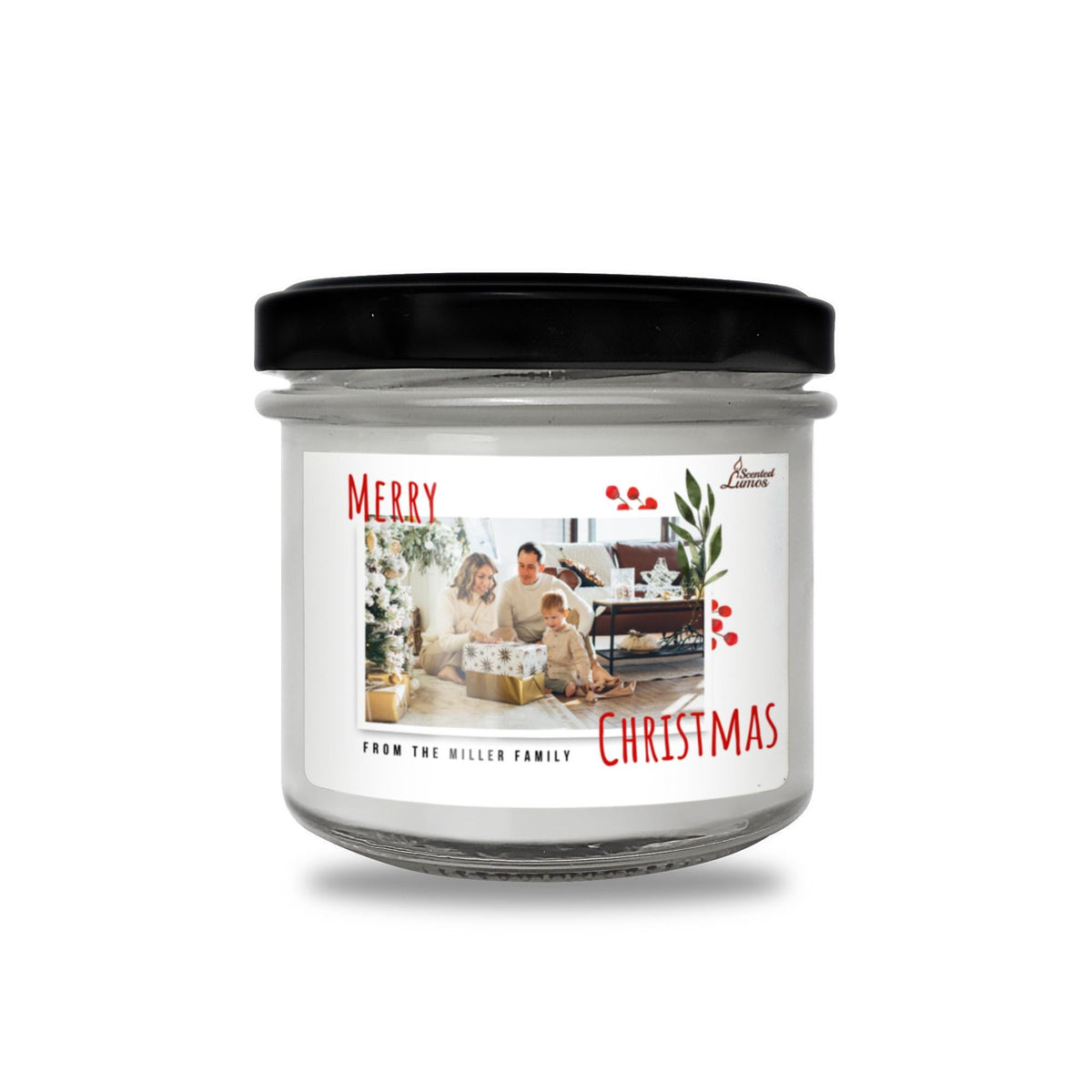 a jar of christmas candles with a picture of a family