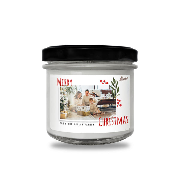 a jar of christmas candles with a picture of a family